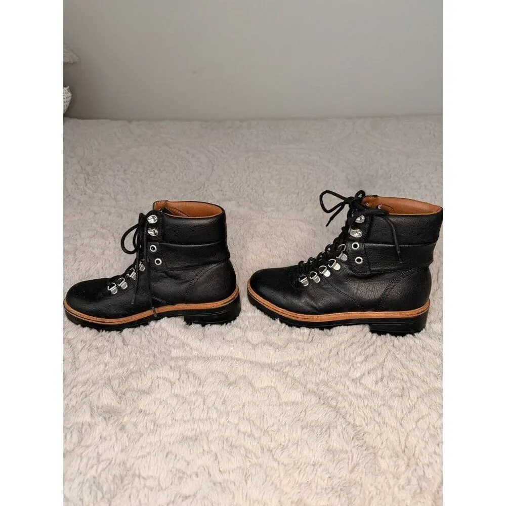 Indigo Rd Black Lace-Up Hiking Ankle Boots Women’s Faux Leather Lug Sole Booties